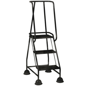 3 Tread Mobile Warehouse Steps BLACK 1.43m Portable Safety Ladder & Wheels