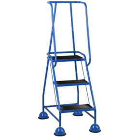 3 Tread Mobile Warehouse Steps BLUE 1.43m Portable Safety Ladder & Wheels