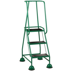 3 Tread Mobile Warehouse Steps -GREEN- 1.43m Portable Safety Ladder & Wheels