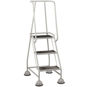 3 Tread Mobile Warehouse Steps GREY 1.43m Portable Safety Ladder & Wheels