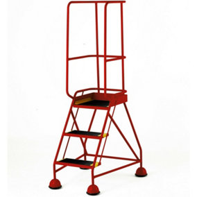 3 Tread Mobile Warehouse Steps & Guardrail RED 1.7m Portable Safety Stairs