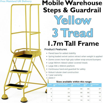 3 Tread Mobile Warehouse Steps & Guardrail YELLOW 1.7m Portable Safety Stairs