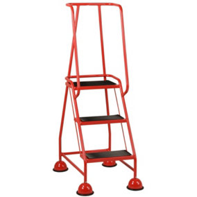 3 Tread Mobile Warehouse Steps RED 1.43m Portable Safety Ladder & Wheels