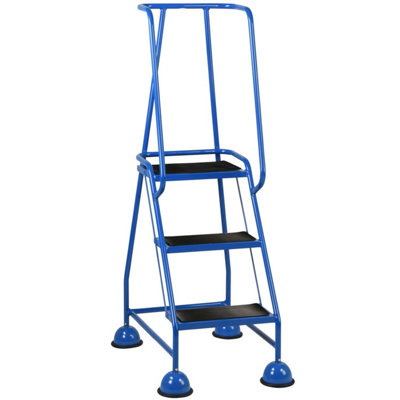 3 Tread Portable Blue Warehouse Steps with Wheels - Safe and Lightweight Ladder