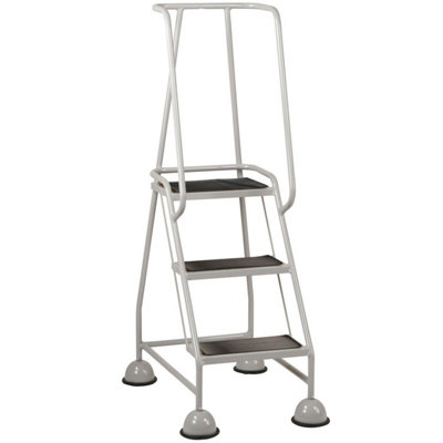 3 Tread Portable Mobile Warehouse Ladder with Wheels - Grey Safety Steps 1.43m