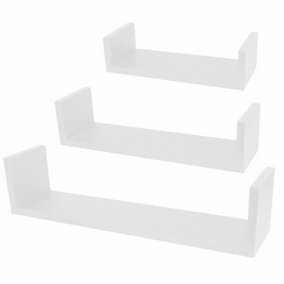 3 U Shaped Floating Wooden Shelves - White