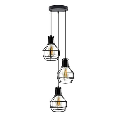 3 Way Black  Nest Cage Cluster Pendant Ceiling Light - Retro Triple Drop Hanging Lamp Ideal for Kitchen Island & Dining Room