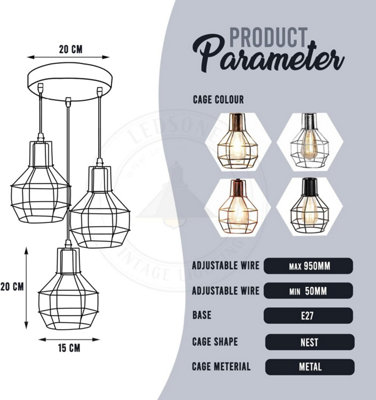 3 Way Black  Nest Cage Cluster Pendant Ceiling Light - Retro Triple Drop Hanging Lamp Ideal for Kitchen Island & Dining Room