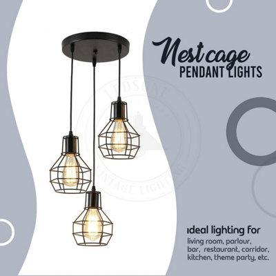 3 Way Black  Nest Cage Cluster Pendant Ceiling Light - Retro Triple Drop Hanging Lamp Ideal for Kitchen Island & Dining Room