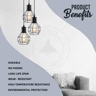 3 Way Black  Nest Cage Cluster Pendant Ceiling Light - Retro Triple Drop Hanging Lamp Ideal for Kitchen Island & Dining Room