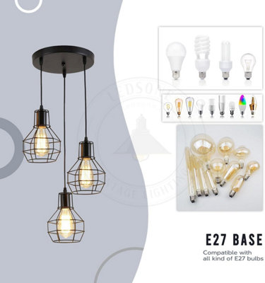 3 Way Black  Nest Cage Cluster Pendant Ceiling Light - Retro Triple Drop Hanging Lamp Ideal for Kitchen Island & Dining Room