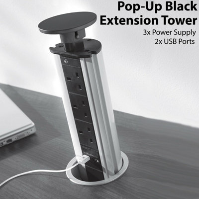 3 Way Gang Pop Up Extension Tower 2x USB Ports Black Hidden Mains Power Socket