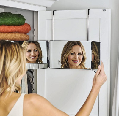 3 Way Over Door Mirror - Bathroom or Bedroom Trifold Vanity Mirror with Telescopic Hanging Hooks - H19.5 x W93 x D1.5cm