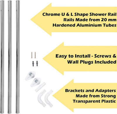 3 Way Shower Curtain U & L Shape Corner Rail 20mm Diameter Pole Rod Bath