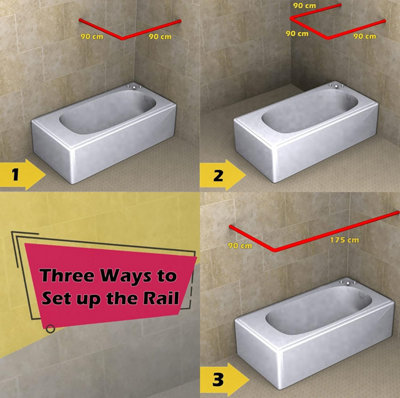 3 Way Shower Curtain U & L Shape Corner Rail 20mm Diameter Pole Rod Bath - 3