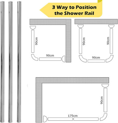 3 Way Shower Curtain U & L Shape Corner Rail 20mm Diameter Pole Rod Bath - 4