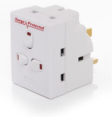 3-Way Switched Fused Adaptor with Surge Protection - 1 Piece, White 3 Pin Multi Plug Adaptor for Indoor Use