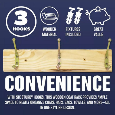3 Wooden Door Hook Storage Hanging Coat Rack Screw On Wall Mount Hat Pine