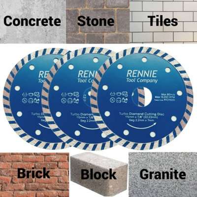 3 X 115mm Diamond Cutting Disc For Angle Grinders. Turbo Saw Blade For Fast, Clean Cut on Concrete Tiles Stones Marble Brick Etc