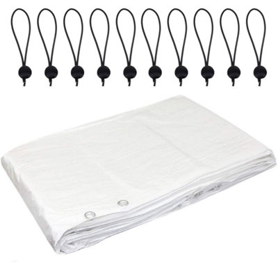 3 x 4 m Tarpaulin Waterproof Heavy Duty Cover Camping Ground Sheet Caravan Furniture Multipurpose 10 Bungee Balls White 90 GSM