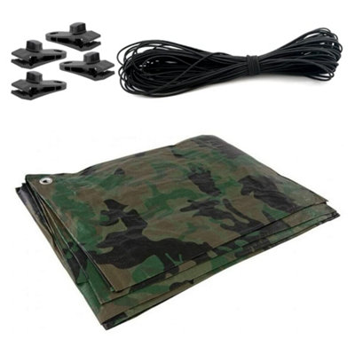 3 x 4 m Tarpaulin Waterproof Heavy Duty Cover Ground Sheet Camping with 4 Tarp Clips + 10m / 30ft Bungee Cord (Camo/Army - 90GSM)