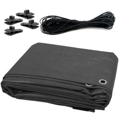 3 x 4 m Tarpaulin Waterproof Heavy Duty Cover Ground Sheet Camping with 4 Tarp Clips + 10m / 30ft Bungee Cord (Grey - 200GSM)