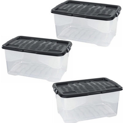 3 x 42 Litres Clear Transparent Base Curve Storage Containers With Black Lids For Home & Office