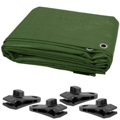 3 x 5 m Green Tarpaulin Waterproof Heavy Duty Cover Ground Sheet Camping Multipurpose Furniture Caravan with 4 Tarp Clips