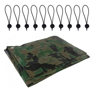 3 x 5 m Tarpaulin Waterproof Heavy Duty Cover Camping Ground Sheet Caravan Furniture Multipurpose 10 Bungee Balls Camo 85 GSM