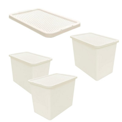 3 x 80L Large Cream Rattan Effect Stackable Plastic Storage Containers ...