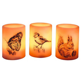 3 x Animal Design Real Wax LED Pillar Candles - Battery Powered Flickering Light Home Decorations - Each H10 x 7.5cm