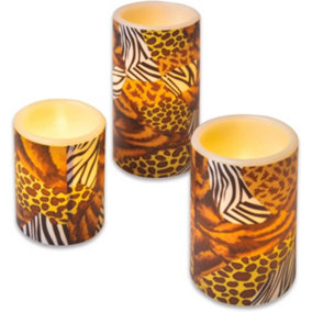 3 x Animal Print Real Wax LED Pillar Candles - Battery Powered Flickering Light Home Decoration - 1 of Each 10, 12 & 15cm