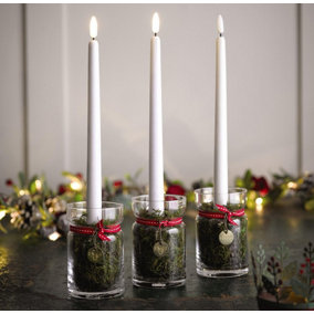 3 x Artificial Moss Candle Holders & LED Candles - Moss-Lined Glass Jar Light Up Candle Holder - Each Measure H28cm