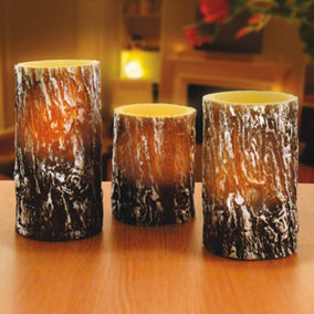3 x Bark Effect Real Wax LED Pillar Candles - Battery Powered Flickering Light Home Decoration - One of Each 10, 12.5 & 15cm