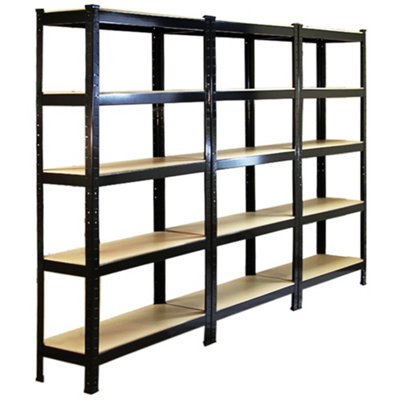 3 x Black Racking Storage Shelving 75cm Heavy Duty Garage 5 Tier Black & Blue Steel Shelf Unit 75cm x 30cm x 150cm