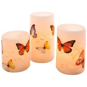3 x Butterfly Design Real Wax LED Pillar Candles - Battery Powered Flickering Light Home Decoration - One of Each 10, 12.5 & 15cm