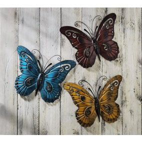 3 x Butterfly Wall or Fence Ornaments - Weather Resistant Metal Colourful Home or Garden Decorations - Each H45 x W36cm