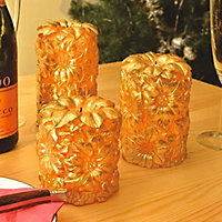 3 x Carved Gold Floral Real Wax LED Pillar Candles - Battery Powered Flickering Light Home Decoration - 1 of Each 10, 12 & 15cm