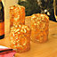 3 x Carved Gold Floral Real Wax LED Pillar Candles - Battery Powered Flickering Light Home Decoration - 1 of Each 10, 12 & 15cm