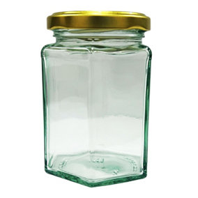 3 x Clear Hexagonal 7oz (190.0 Millilitres) Airtight Glass Jam Jars With Gold Twist Top Lids For Jams, Honey & Sweets