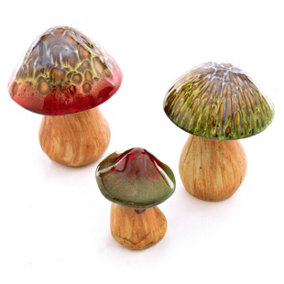 3 x Decorative Toadstool Ornaments - Indoor Outdoor Hand Finished Ceramic Glazed Mushroom Decorations - One of Each H16, 14 & 10cm