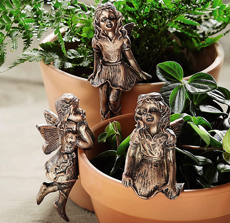 3 x Fairy Design Flowerpot Decorations - Weatherproof Indoor Outdoor Home  Garden Plant Pot Percher Ornaments - Each 10cm