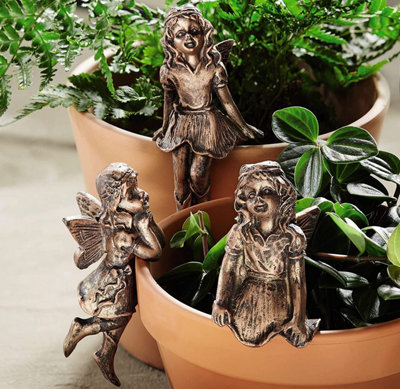 3 x Fairy Design Flowerpot Decorations - Weatherproof Indoor Outdoor Home  Garden Plant Pot Percher Ornaments - Each 10cm