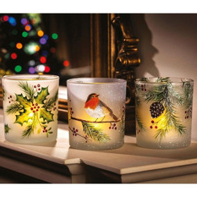 3 x Festive Glass Tealight Holders - Hand Painted Traditional Christmas Image Candleholder Votives with Flickering LED Candles