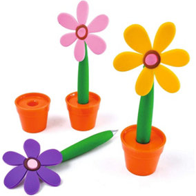 3 x Flower Shaped Pens with Pot Stands - Novelty Home Office Desktop Accessories in Pink, Yellow & Purple - 18 x 7.5 x 3.5cm