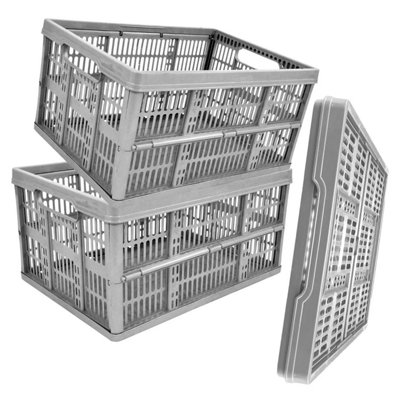 3 x Foldable Stackable Grey 32 Litre Multipurpose Crates With Handle Great For Storage & Transportation