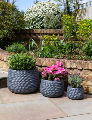3 x Garden Trading Bramdean Round Planters Grey Flower Pots Fibre Clay