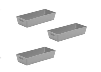 3 x Grey Wham Plastic Slim Rectangle Studio Handy Storage Basket 25cm x 10.5cm 1L