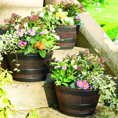 3 x Half Barrel Garden Plant Pots - Wood & Metal Effect Vintage Style UV  Resistant Round
