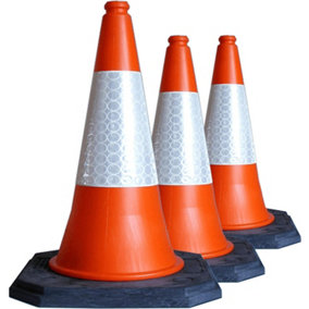3 x High Visibility Orange Reflective 75cm Self Weighted Road & Pavement Safety Cones